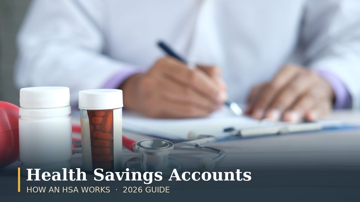 Stethoscope and prescription pill bottles on a desk as a doctor writes notes, illustrating health savings accounts